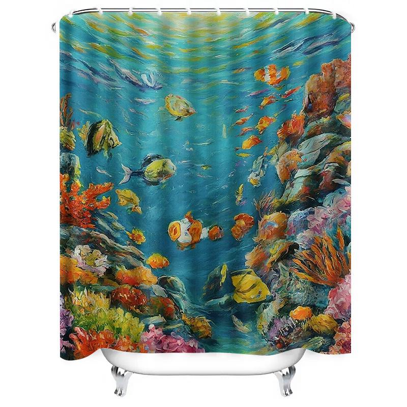 Cena Subaquática Colorida Artística Moderna Cortina de Chuveiro Impermeável Para Decoração de Banheiro Estilosa, Fácil Instalação