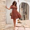 Women Spring Solid Color V-Neck Short Lotus Leaf Sleeve Dress Summer Casual A-Line High Waist Above Knee Dresses S-XL