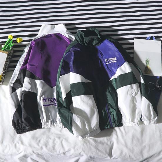 Giacca Leggera da Uomo Stile Hip-hop Autunno Primavera con Zip e Blocchi di Colore, Giacca a Vento Streetwear con Revers e Lettere