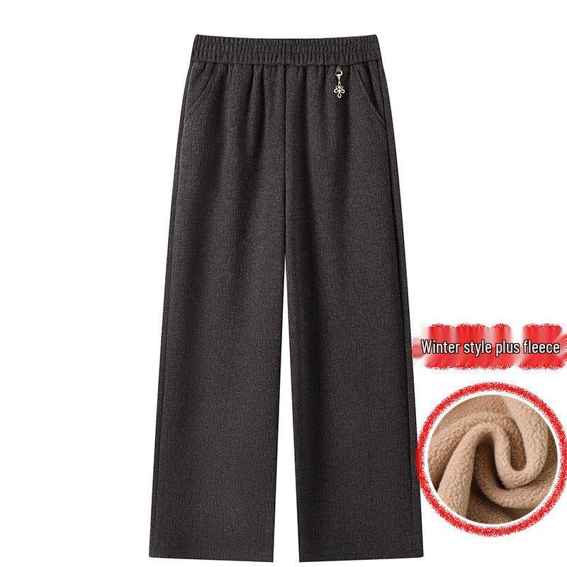 Extra-Size Women's Plus Velvet Wide-Leg Pants for Autumn and Winter, Middle-Aged and Elderly