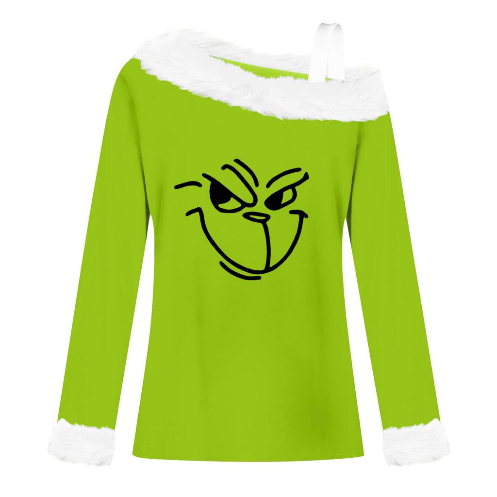 Women's Casual Fashion Sexy Off-Shoulder Collar Christmas Pattern Long Sleeve Crewneck T-Shirt Top