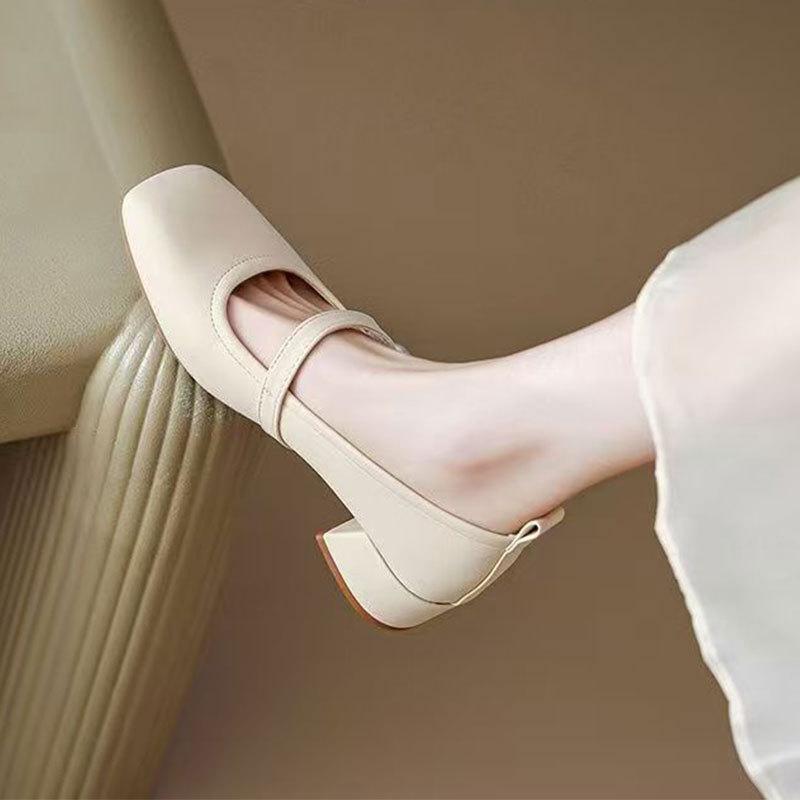 

Маленькие кожаные туфли с юбками, вечерние и вечерние одинарные туфли, весенне-летние новые туфли на высоком каблуке, французский средний каблук, толстый каблук, женские туфли Мэри Джейн 40