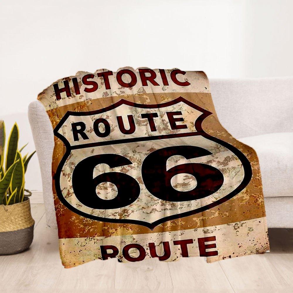 Historic Route 66 Metal Sign Wall DecorBlanket Flannel Throw Blanket for Sofa, Bed, Travel, Camping, Office, Couch, Chair, And Bed Gift for