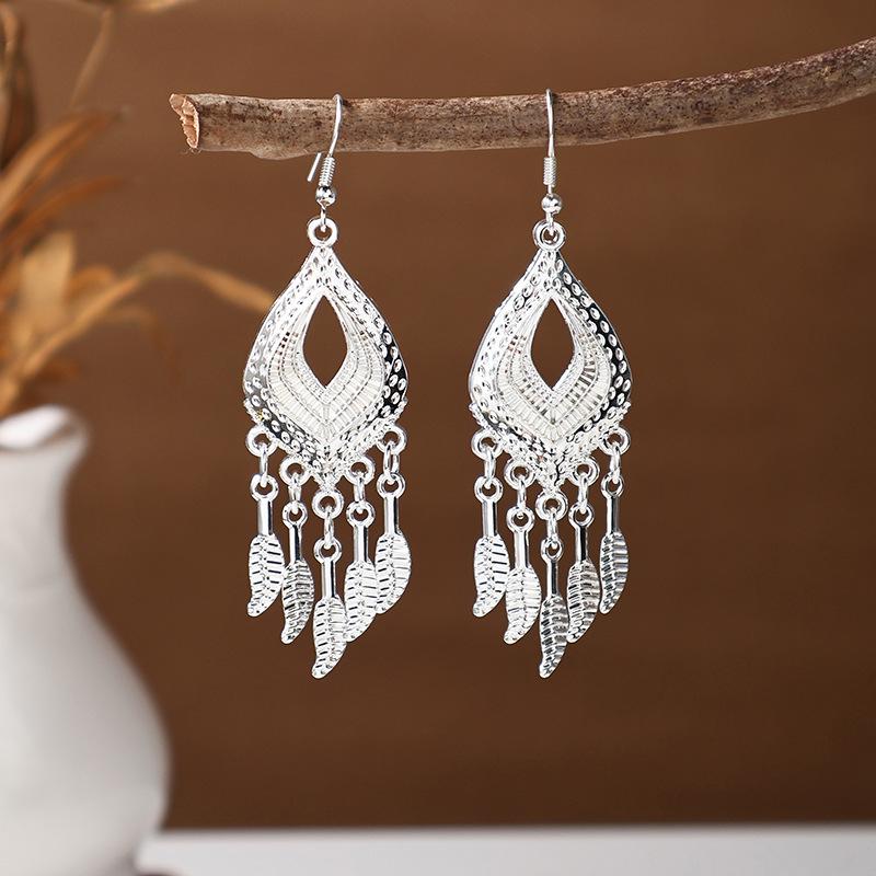 Ethnic Miao Silver Tassel Earrings - Retro Long Dangle Scenic Studs for Women