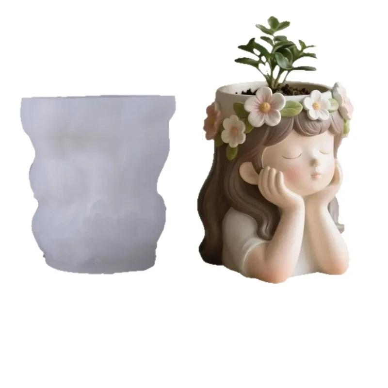 A Top Quality Wearing Wreath Girl Shape Vase Silicone Molds DIY Candle Cup Vessel Plaster Concrete Mould Storage Box Flowerpot