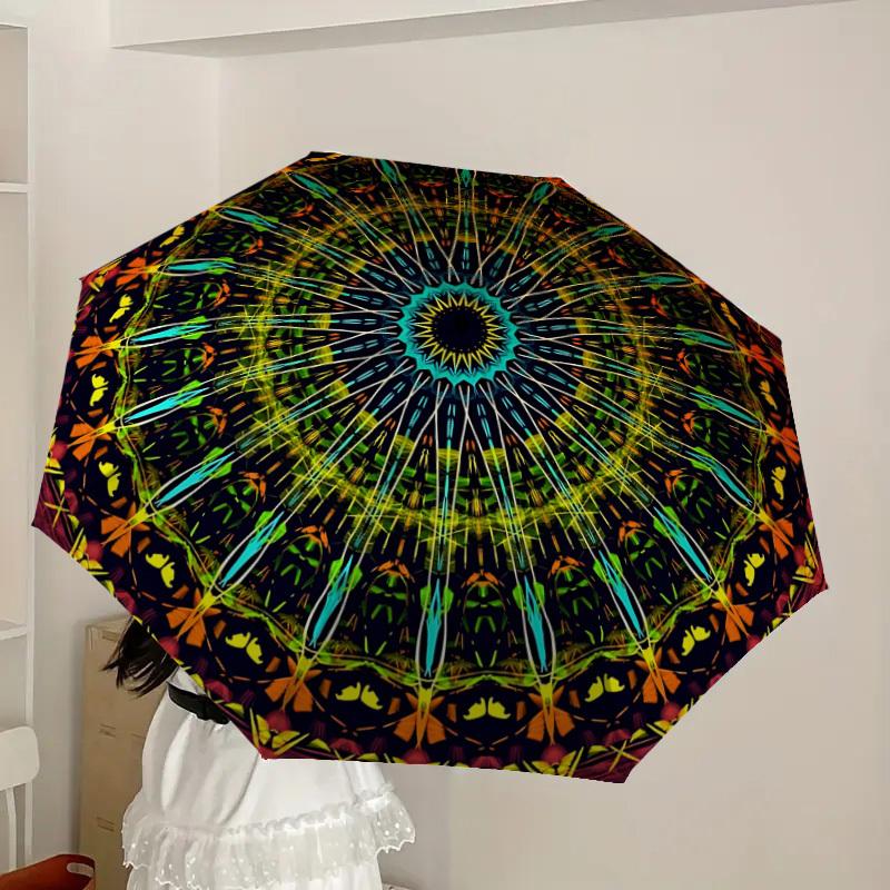 1 Stück Automatischer Faltregenschirm mit Kaleidoskop-Muster, Tragbares faltbares Design, 8-Speichen-Eisenrahmen, Outdoor-Accessoire yy250905086