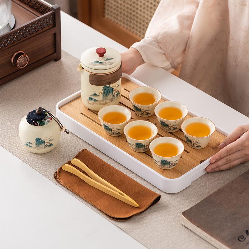 Ru kiln outdoor travel kung fu tea set gift box set high-end Guochao merchandise teacup business gift