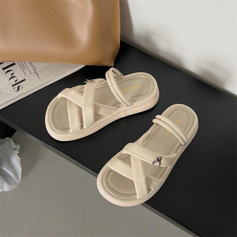 

Solid color sandals women s spring new popular versatile thick-soled non-slip casual fairy wind beach sandals women 40 бежевый