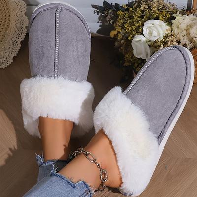 Fashion Winter Slip On Non Slip Fur Slippers Women Faux Fur Warm Plush Slippers Woman Indoor Mix Color Round Toe Cotton Slides Female