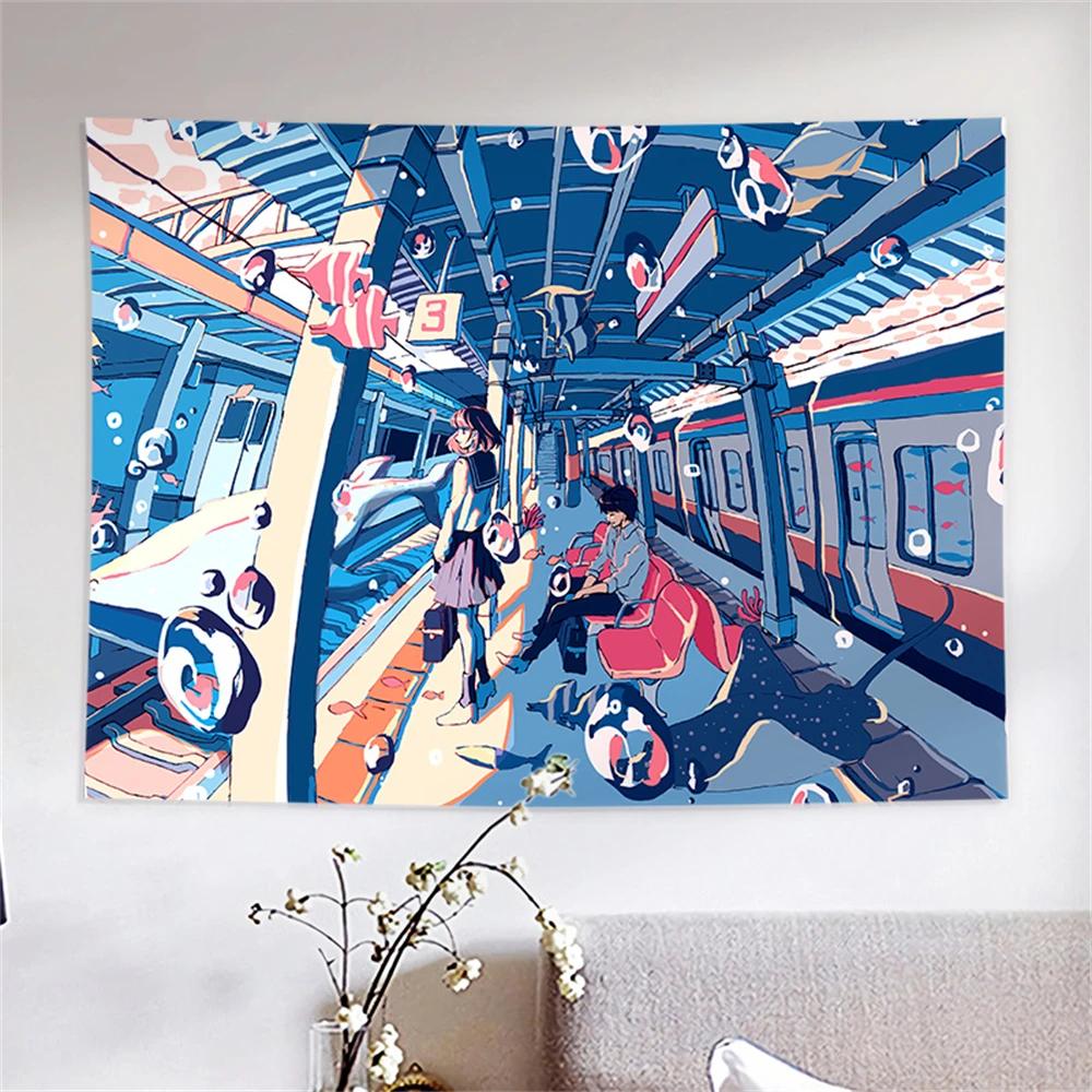 Japanese Handpainted Illustration Printed Tapestry Cartoon Anime Whale City Landscape Tapestry Wall Hanging Kawaii Room Decor