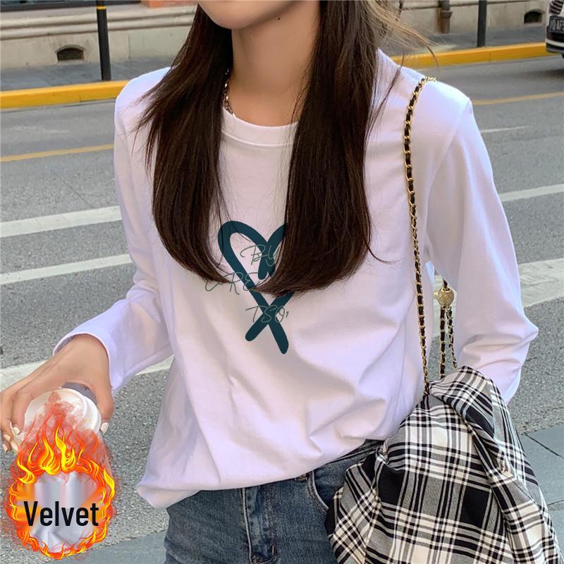 Women's 2025 White Fleece-Lined Cotton Long Sleeve T-Shirt – Loose Fit Inner Wear for Spring