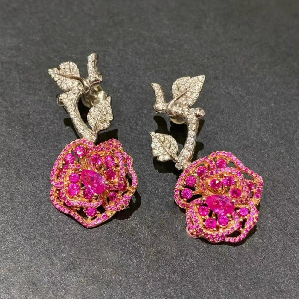 Women's Luxury Bracelet Set with Red Corundum Rose Necklace Gemstone Earrings Camellia Bangle