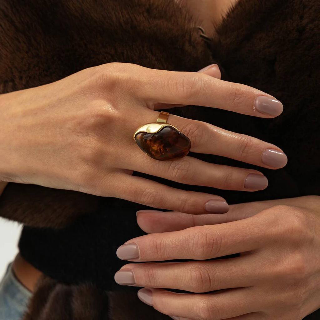 SHIXIN 2026 Fashion Inlaid Resin Acrylic Adjustable Rings for Women Retro Irregular Gold Color Knuckle Ring Fashion Jewelry Gift