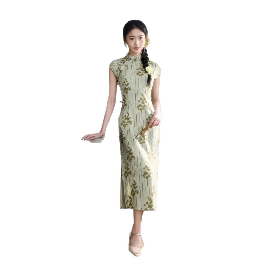 New Chinese style young light green cheongsam green leaf print 1011 summer daily girly dress