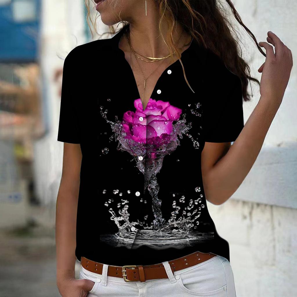 2025 Summer New Fashion Women's Flower Printed Short Sleeve V-neck Casual Button-down Shirt Top