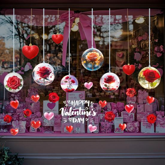 Valentine's Day Window Cling Removable Waterproof PVC Rose Flower Love Heart Static Glass Sticker Holiday Party Decoration Decal