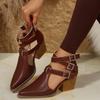Europe, America, Autumn and Winter New High-heeled Thick-heeled Pointed Retro Belt Buckle Roman Cool Boots Leather Boots Single Boots Large Size