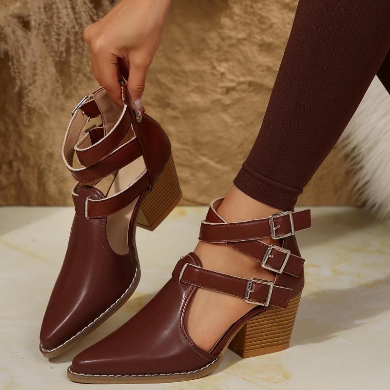 Europe, America, Autumn and Winter New High-heeled Thick-heeled Pointed Retro Belt Buckle Roman Cool Boots Leather Boots Single Boots Large Size