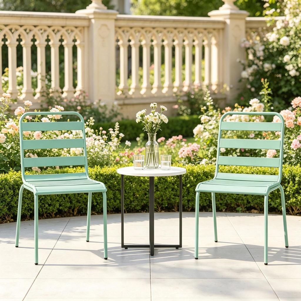 Set of 2 Stackable Garden Chairs Made of Metal, Green Balcony Chairs Patio Chairs Weatherproof for Garden, Terrace and Balcony