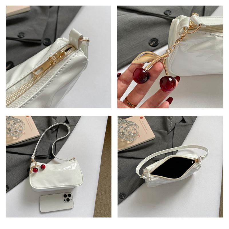 Women'S Pu Leather Handbag Versatile Fashion Solid Color Cherry Pendant Shoulder Bag Casual Commuting Bag Girl Underarm Bag