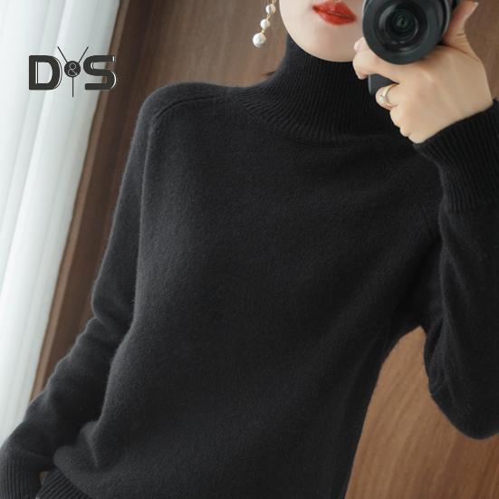Women Sweater High Collar Long Sleeve Ribbed Trim Knitting Tops Solid Color Loose Fit Thickened Bottoming Tops