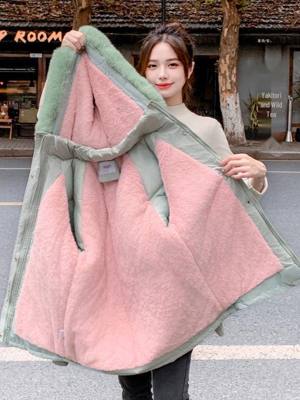 Women's Mid-Length Slim Fit Cotton Parka with Large Fur Collar - Korean Style, Plus Velvet, Thick, and Warm for Winter 2026.