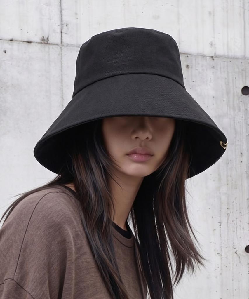 Eondeokeonteulolseutyudio Cotton Wide Bucket Hat Wide Bucket / Big Eye Linen / M Black