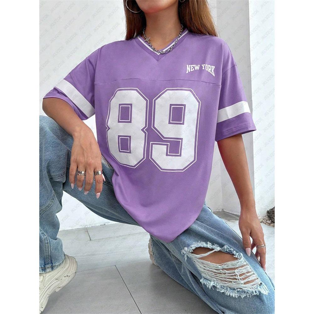 TShirt Women Striped V-Neck Tee Summer Oversized Harajuku Trend Short