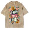 Cartoon Beautiful Flower Print Ladies T-Shirt Loose Oversized Wash Short Sleeve Vintage Fashion Design Top Summer