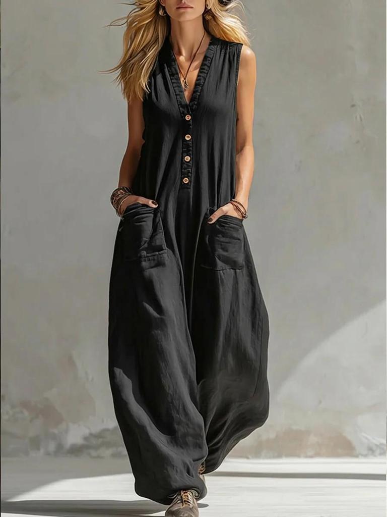 Sleeveless V-Neck Buttoned Linen Cotton Jumpsuit with Double Pockets for Casual Summer Holidays