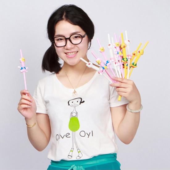 Plastic Cartoon Animal Cat Duck Reusable Drinking Straw Beverage Pipe with Brush