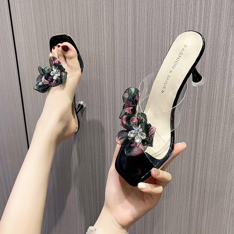 One-word Transparent High-heeled Cool Slippers, New Versatile Thin-heeled Outer Flower Crystal Slippers In the Summer of 2024