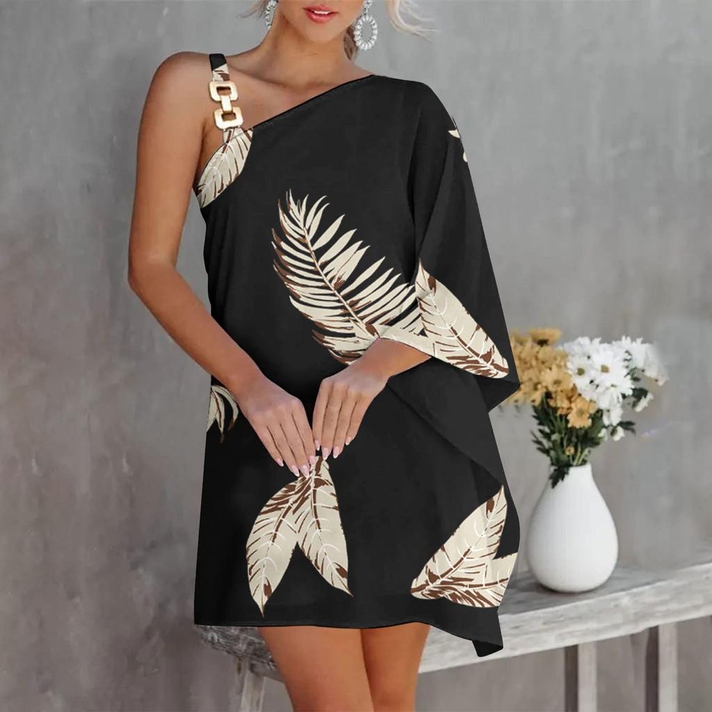 Women's Sexy Off-the-Shoulder One Strap Sloping Shoulder Printed Midi Dress