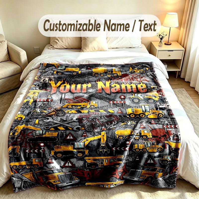 Construction Vehicles Theme Custom Blanket Personalized Name & Text Customized Soft Warm Throw Blanket Home Decor