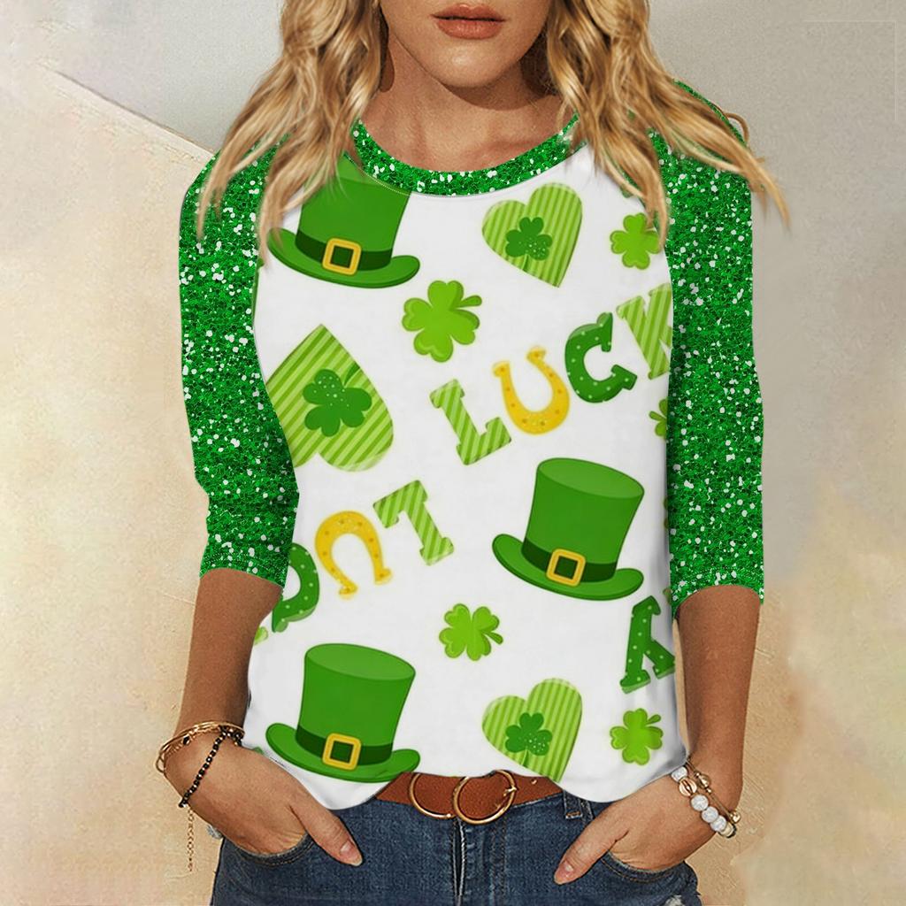 Frauen St. St. Patrick's Day Print Rundhals Dreiviertelarm Oberteil