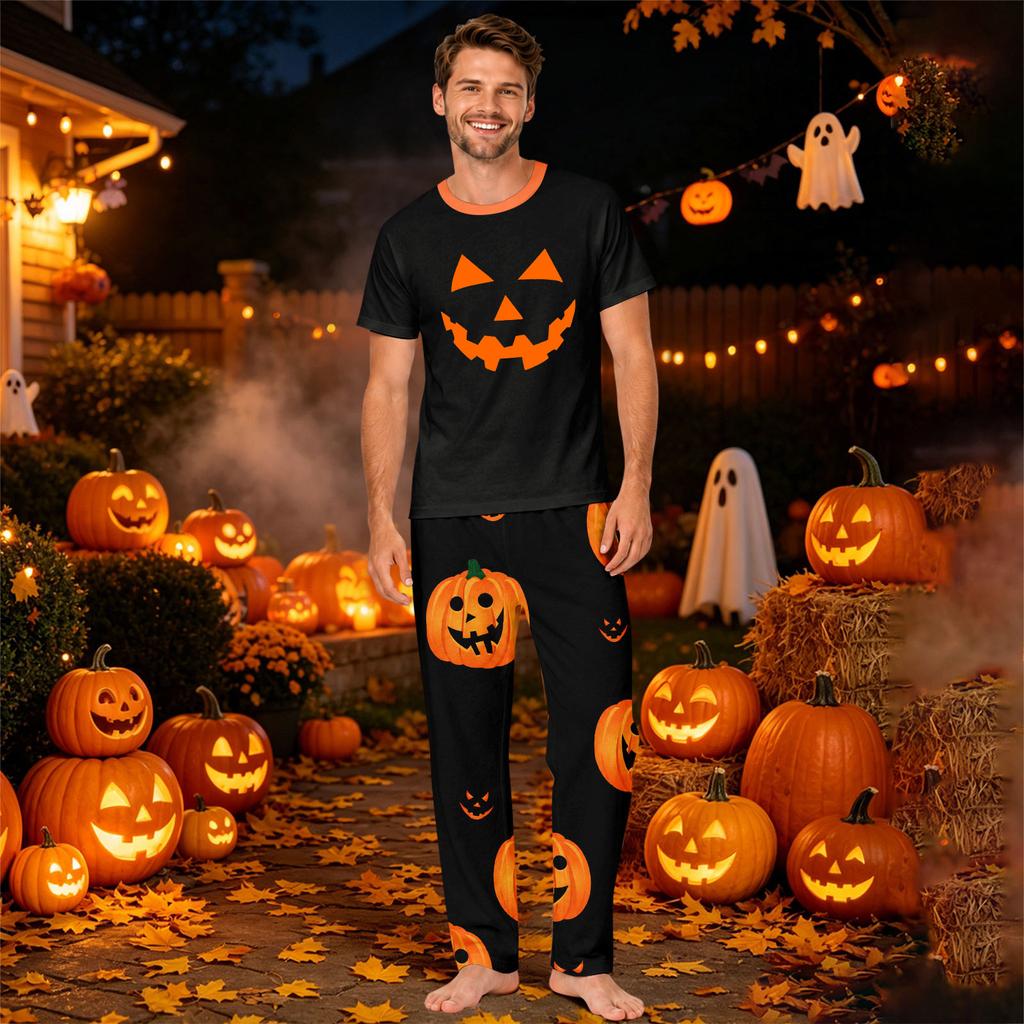 Family Matching Halloween Printed Loungewear Set Short Sleeve Top and Pants for Couples and Kids