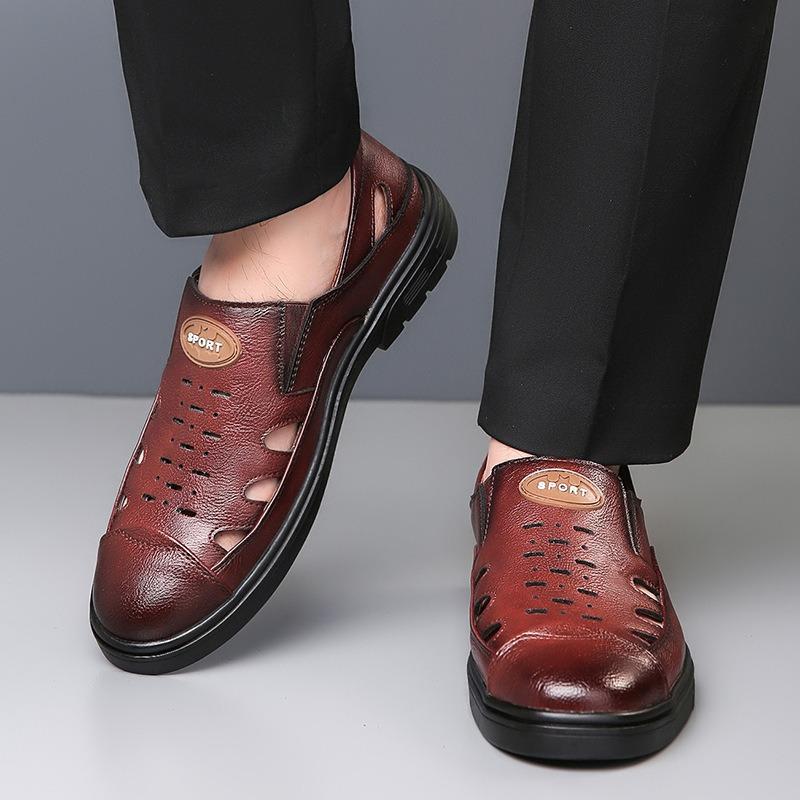 Large Size Sandals for Men Summer Breathable Hollow Out Sandals Luxury Cowhide Leather Sandals for Men Casual Business Sandalias