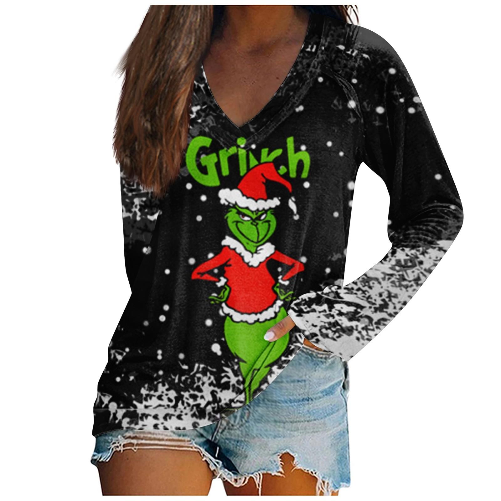 

Women s Fashion Long Sleeve T-Shirt V-Neck Christmas Print Casual Loose Top XXL чорний
