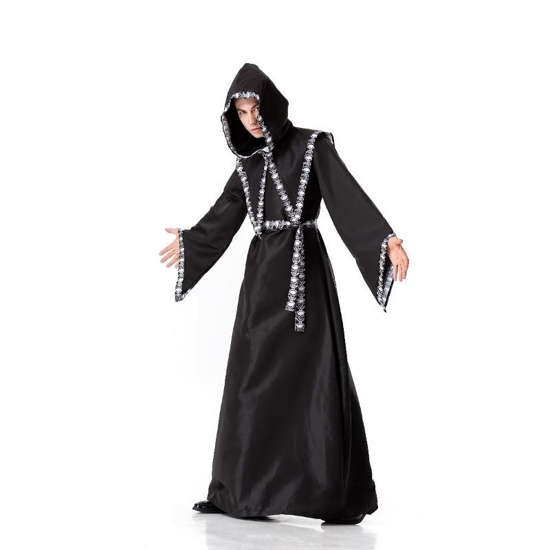 Halloween Adult Vampire Medieval Reaper Black Dark Wizard Robe Dress Up Costume