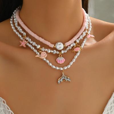 Beach Wind Soft Pottery Imitation Pearl Stacked Necklace Irregular Design Shell Starfish Jewelry Necklace Female