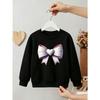 Kids Girls Crewneck Sweatshirt, 3D Pink Lace Bow With White Heart Center Print Black Soft Fleece Pullover