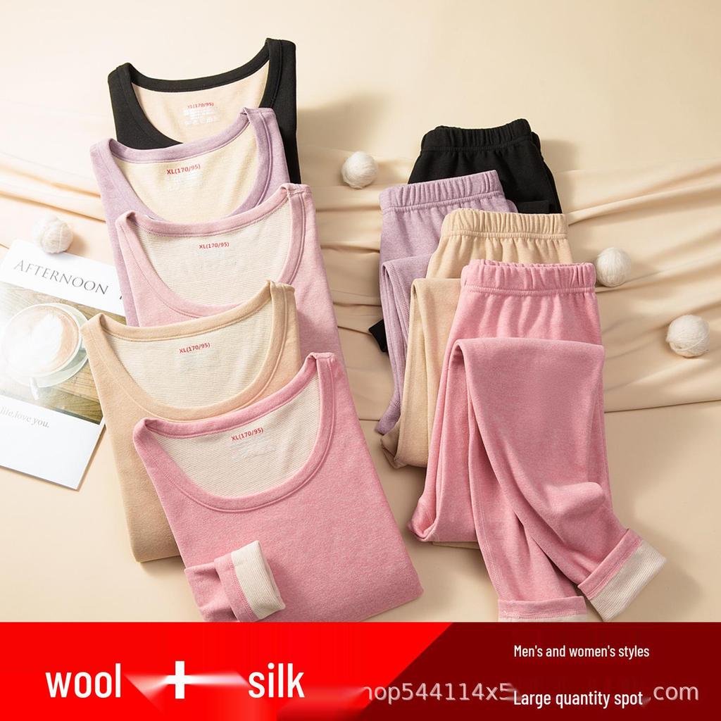 Men's and Women's Wool Silk Warm Underwear Set: Double-Sided Brushed, Plus Velvet, for Autumn and Winter