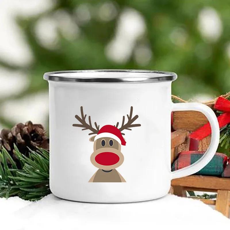 Merry Christmas Print Creative Enamel Coffee Tea Wine Drink Mug Dessert Hot Cocoa Milk Cup Cake Mugs Handle Drinkware Xmas Gifts