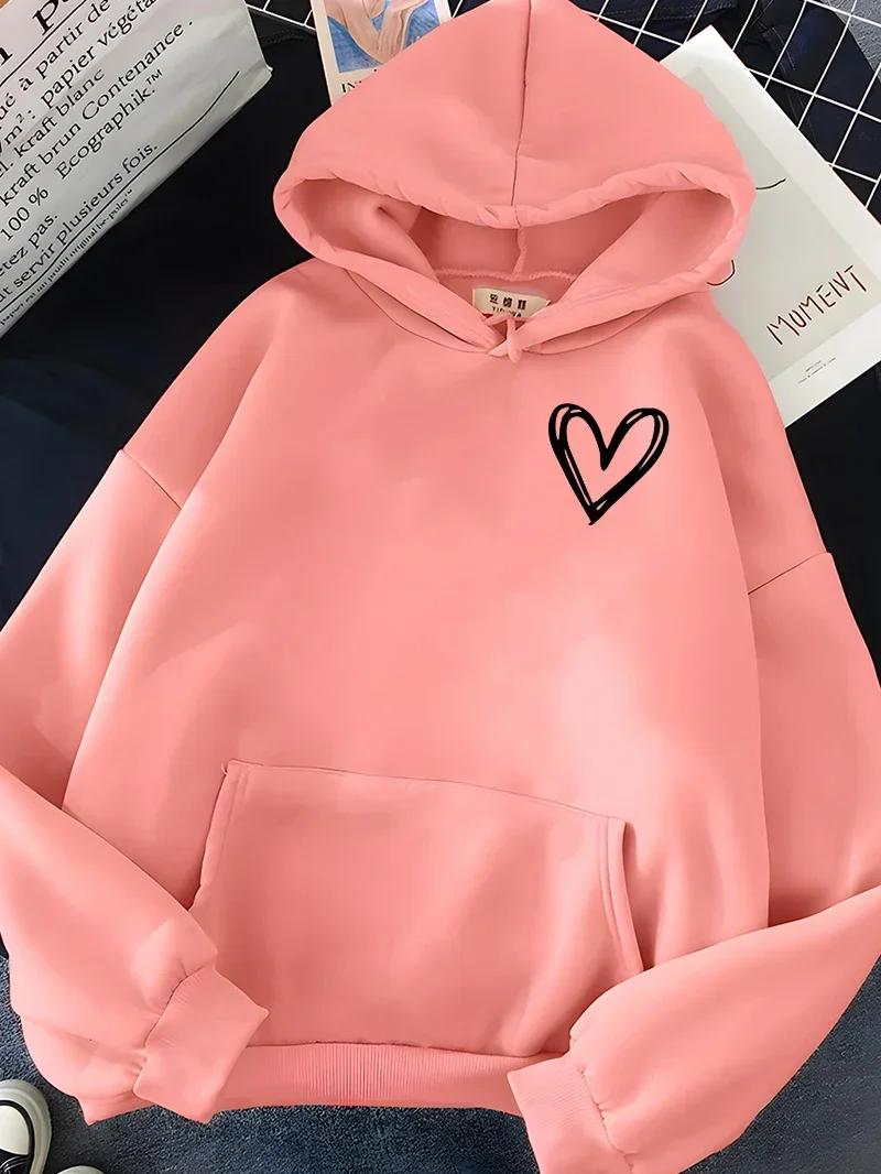 Hirssionsan s popular minimalist heart-shaped printed women s youth sportswear casual loose retro hoodie winter warm top S