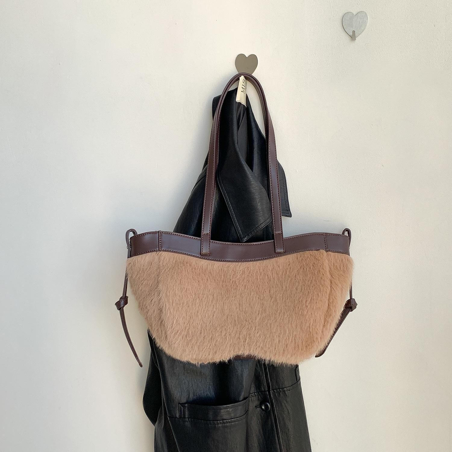 Fluffy Plush Women Shoulder Bag Luxury Designer Bags for Women Handbag Winter Faux Fur Bag Patchwork Bucket Bags Shopper Tote хаки