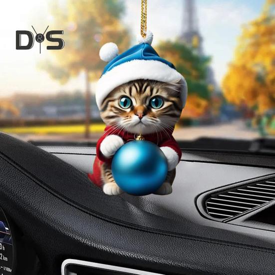 Ornament de pisică de Crăciun Decor pentru brad de Crăciun Breloc de rucsac agățat Accesoriu de vacanță din acril pentru oglindă retrovizoare pentru mașină, cheie pentru geanta