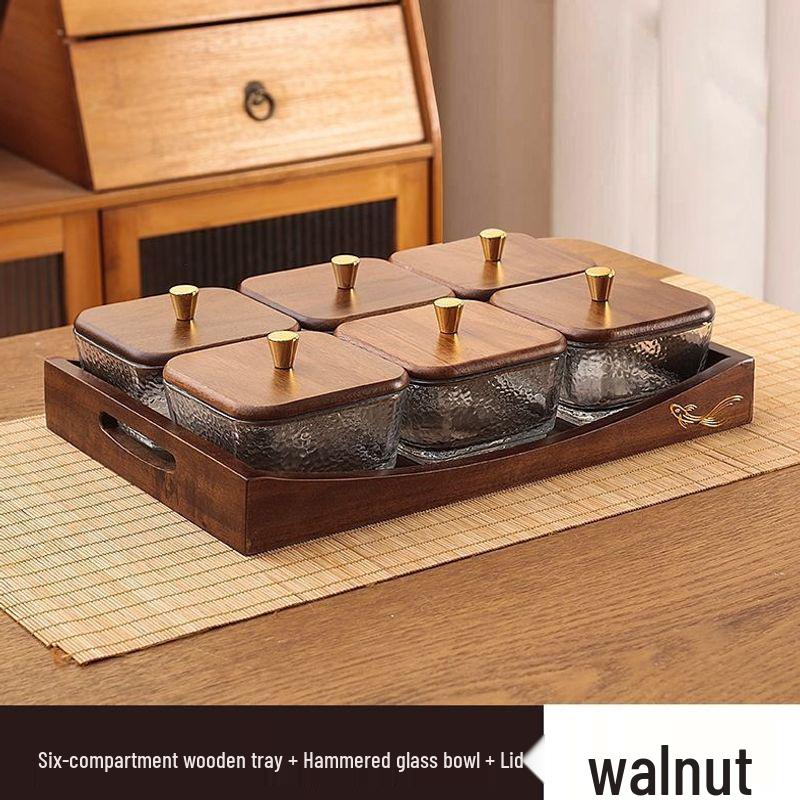 Luxury Glass Walnut Fruit & Snack Plate with Candy Compartments for Living Room Coffee Table