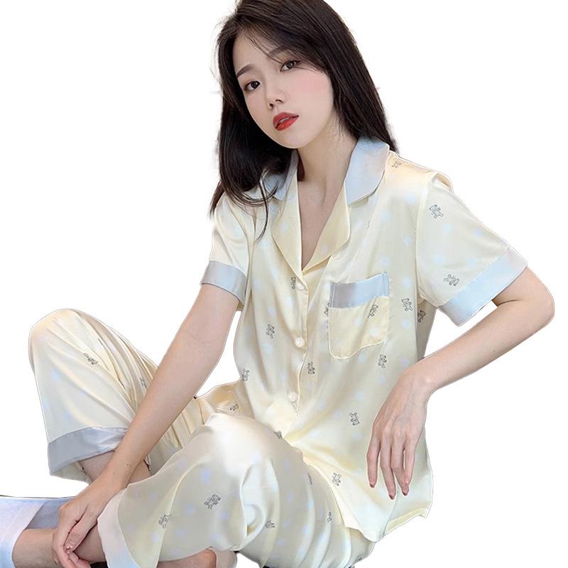 Summer French High-End Bear Pajamas Women'S Short-Sleeved Trousers Thin Contrasting Color Loungewear Women'S Suit