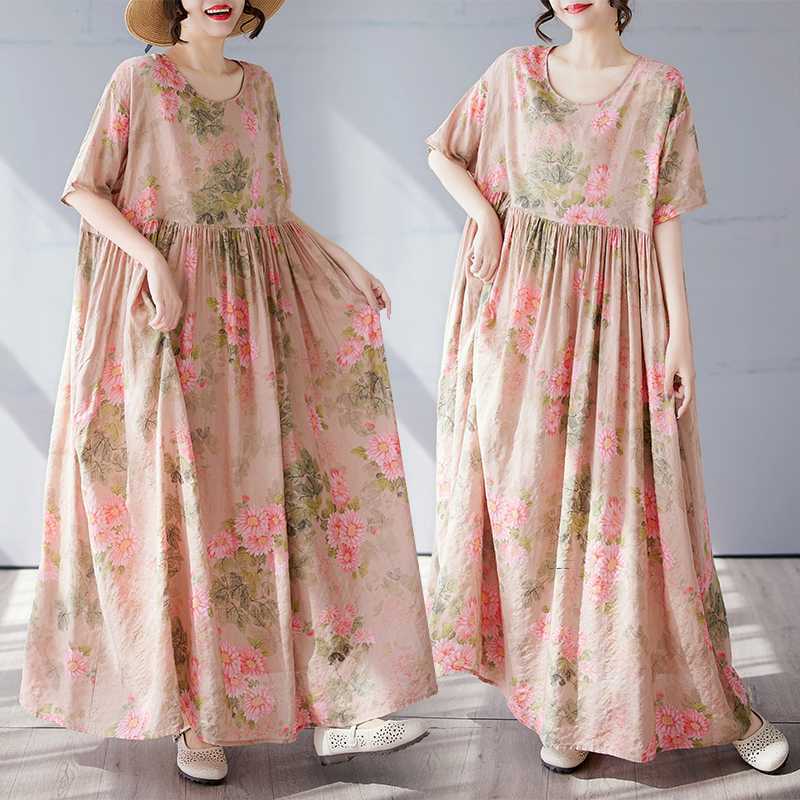 Simple and Fashionable Long Skirt Summer Short Sleeved Round Neck Printed Dress