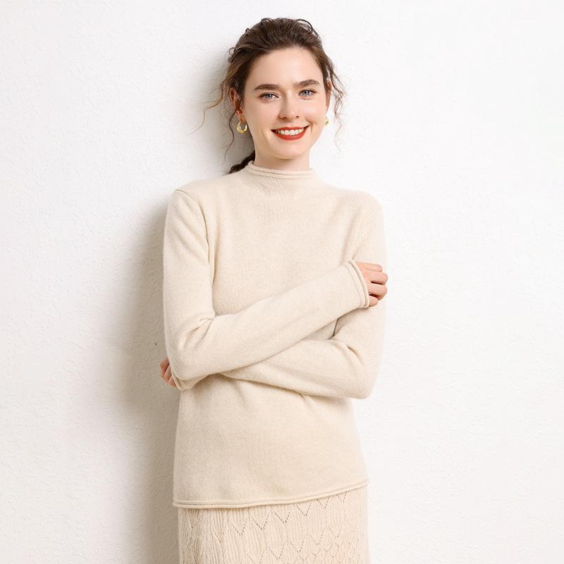 Women’s Cashmere Half-High Roll-Neck Sweater: Thick, Loose, Long Sleeve Pullover for Autumn/Winter.